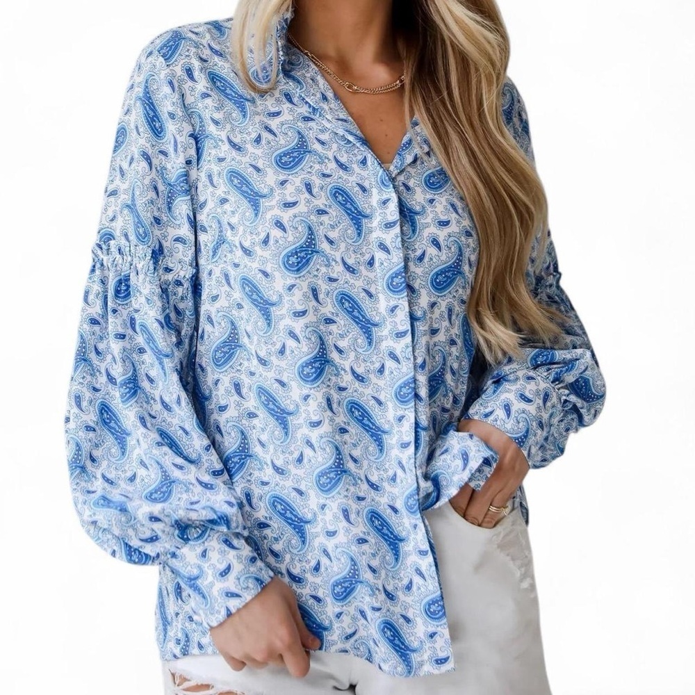 Truly Delightful Blue Paisley Blouse- Size M